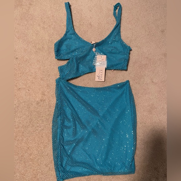 Oh Polly La Quinta embellished rhinestone cutout mini dress aqua NWT - Picture 5 of 8